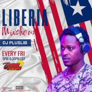 DJ Pluslib with Liberian flag behind him